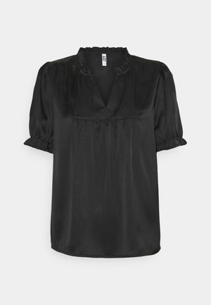 Black satin blouse with a relaxed fit, short puff sleeves, ruffled neckline, and pleated front detail. Smooth texture.