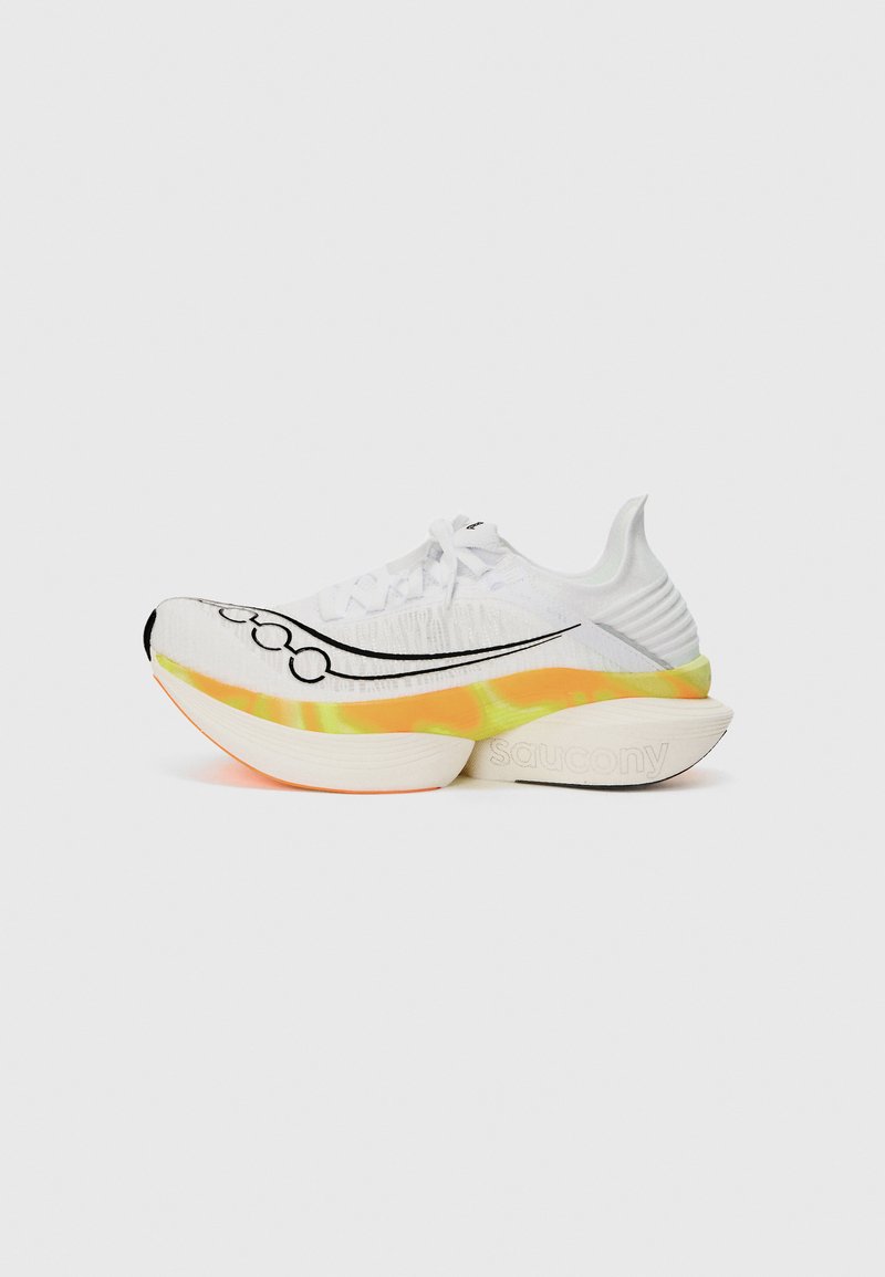 White running shoe featuring a textured mesh upper, black swoosh design, and a colorful, layered sole with orange and yellow accents.