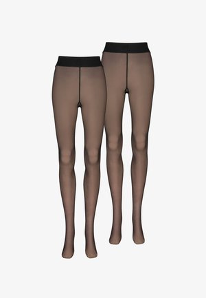 Doorzichtige zwarte panty's met elastische tailleband en versterkte teen. Soepele textuur met een matte afwerking, ontworpen voor comfort en pasvorm.