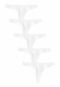 Cinq paires de string en coton blanc, avec une texture douce, des bretelles fines et un petit nœud en accent à la taille avant.