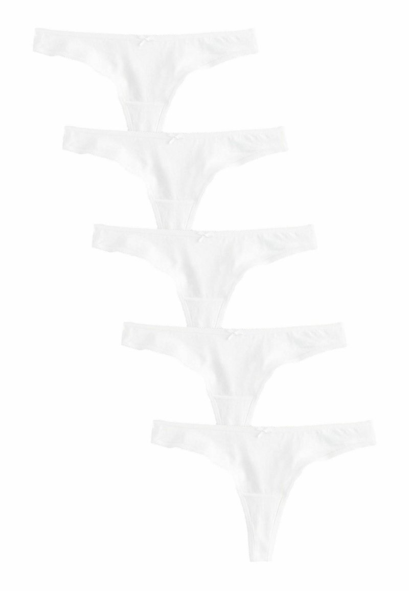 Cinq paires de string en coton blanc, avec une texture douce, des bretelles fines et un petit nœud en accent à la taille avant.