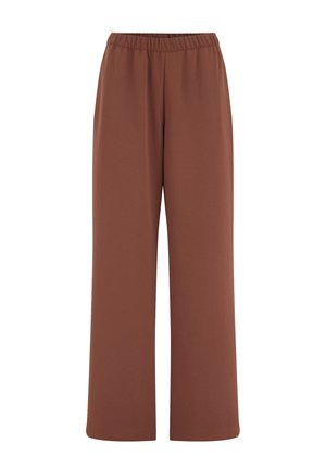 Brune bukser med vide ben og elastik i taljen, glat stof, ingen synlige lommer eller pynt, vist på hvid baggrund.