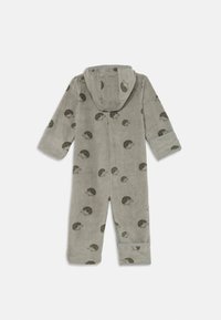 Grau Fleece-Einteiler mit Kapuze, der ein Muster aus kleinen Igeln zeigt. Mit langen Ärmeln und einem Kontraststoffdetail an den Bündchen.