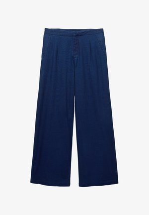 Marineblaue weite Hosen aus leichtem Material, mit hoher Taille, Frontfalten und Seitentaschen. Glatte Textur und simples Design.