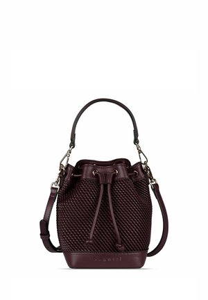 Borsa a secchiello texturizzata color borgogna scuro con chiusura a coulisse, manico superiore, tracolla regolabile e logo Bugatti nella parte anteriore inferiore.