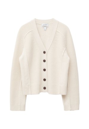 Cardigan lavorato a maglia color crema con maniche lunghe, scollo a V, polsini e orlo a costine e cinque bottoni marrone scuro sul davanti.