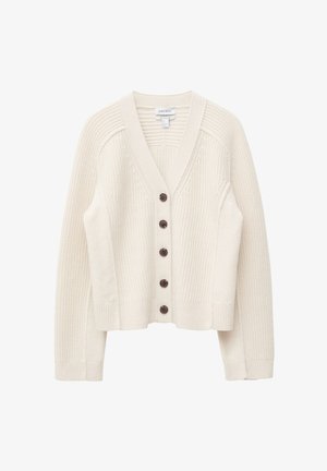 Cardigan lavorato a maglia color crema con maniche lunghe, scollo a V, polsini e orlo a costine e cinque bottoni marrone scuro sul davanti.