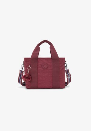 Borsa tote color borgogna realizzata in tessuto resistente, con due manici, una tracolla rimovibile a strisce e un dettagliato portachiavi a forma di scimmia in peluche.