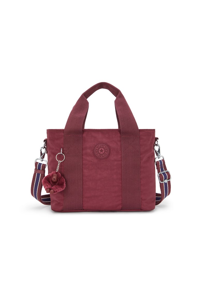 Borsa tote color borgogna realizzata in tessuto resistente, con due manici, una tracolla rimovibile a strisce e un dettagliato portachiavi a forma di scimmia in peluche.