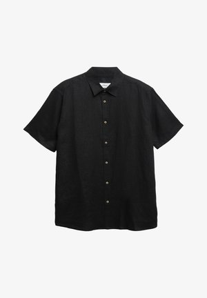 Chemise noire à manches courtes avec boutons et col, en tissu léger, présentée à plat sur fond blanc.