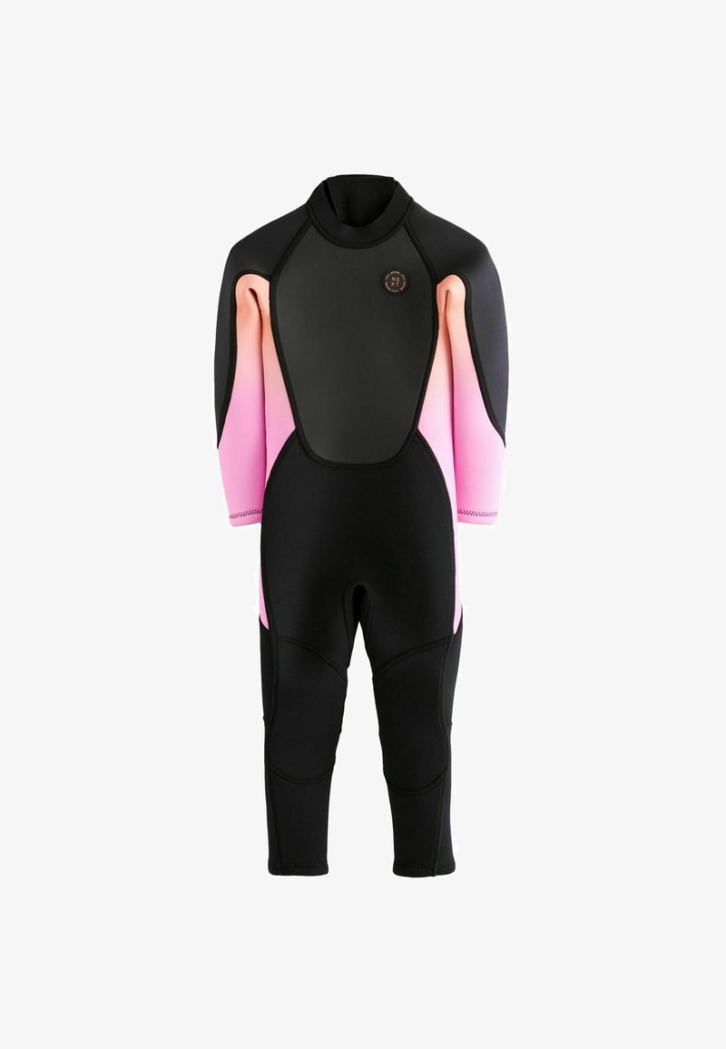 Schwarze Wetsuit mit kurzen Ärmeln, die über farbverlaufende pinke Akzente an den Schultern verfügt. Glatte Textur, taillierte Passform und Flatlock-Nähte.