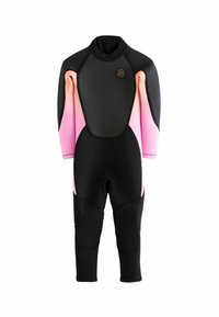 Black neoprene wetsuit with pink gradient sleeves, long legs, and a high neck. Features flatlock seams and a round logo on the chest.