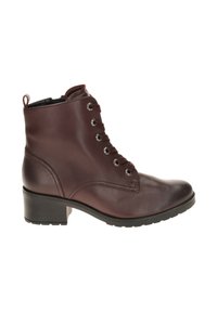 Bruine leren enkelboot met een ronde neus, lage blokhak en vetersluiting met zilveren oogjes. Gladde textuur met minimale stiksels.