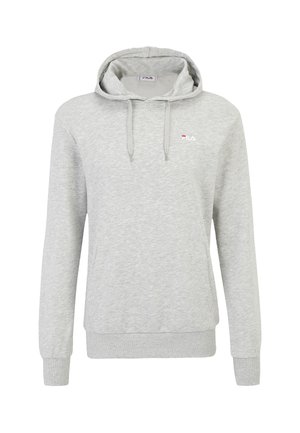 Grijze hoodie gemaakt van zachte stof, met een voorzak in kangoeroestijl, een capuchon met trekkoord en een klein geborduurd logo op de borst.