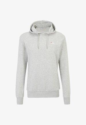 Grijze hoodie gemaakt van zachte stof, met een voorzak in kangoeroestijl, een capuchon met trekkoord en een klein geborduurd logo op de borst.