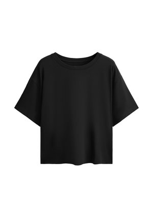 Tricou negru cu mânecă scurtă, cu un decolteu rotund, fabricat dintr-un material neted, cu o croială lejeră și un design minimalistic. Fără modele sau accente.