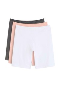 Trois paires de sous-vêtements pour femmes sans couture, mi-cuisse, en blanc, rose clair et gris foncé, empilées sur un fond blanc.