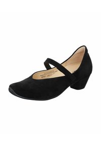 Schwarzer Wildleder-Mary-Jane-Schuh mit runder Zehenform, verstellbarem Riemen und niedrigem Blockabsatz; verfügt über ein glattes Innenfutter.