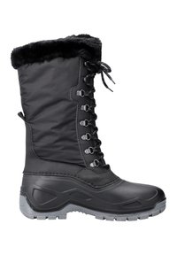 Svarta snöskor med vadderad ovandel, fuskpälsdetalj och slitstark gummisula med strukturerat mönster för bra grepp. Snörning.