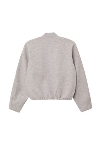 Veste bomber grise courte avec un col lisse, un ourlet élastiqué et des manches à poignets, fabriquée en tissu texturé doux.