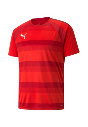 Maglietta sportiva rossa con motivo a righe orizzontali in diverse tonalità. Realizzata in tessuto leggero, presenta un colletto tondo e maniche corte.