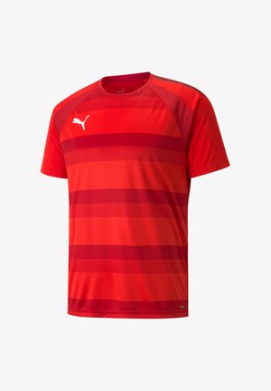 Rotes Sport-T-Shirt mit horizontalem Streifenmuster in verschiedenen Farbtönen. Hergestellt aus leichtem Stoff, mit Rundhalsausschnitt und kurzen Ärmeln.