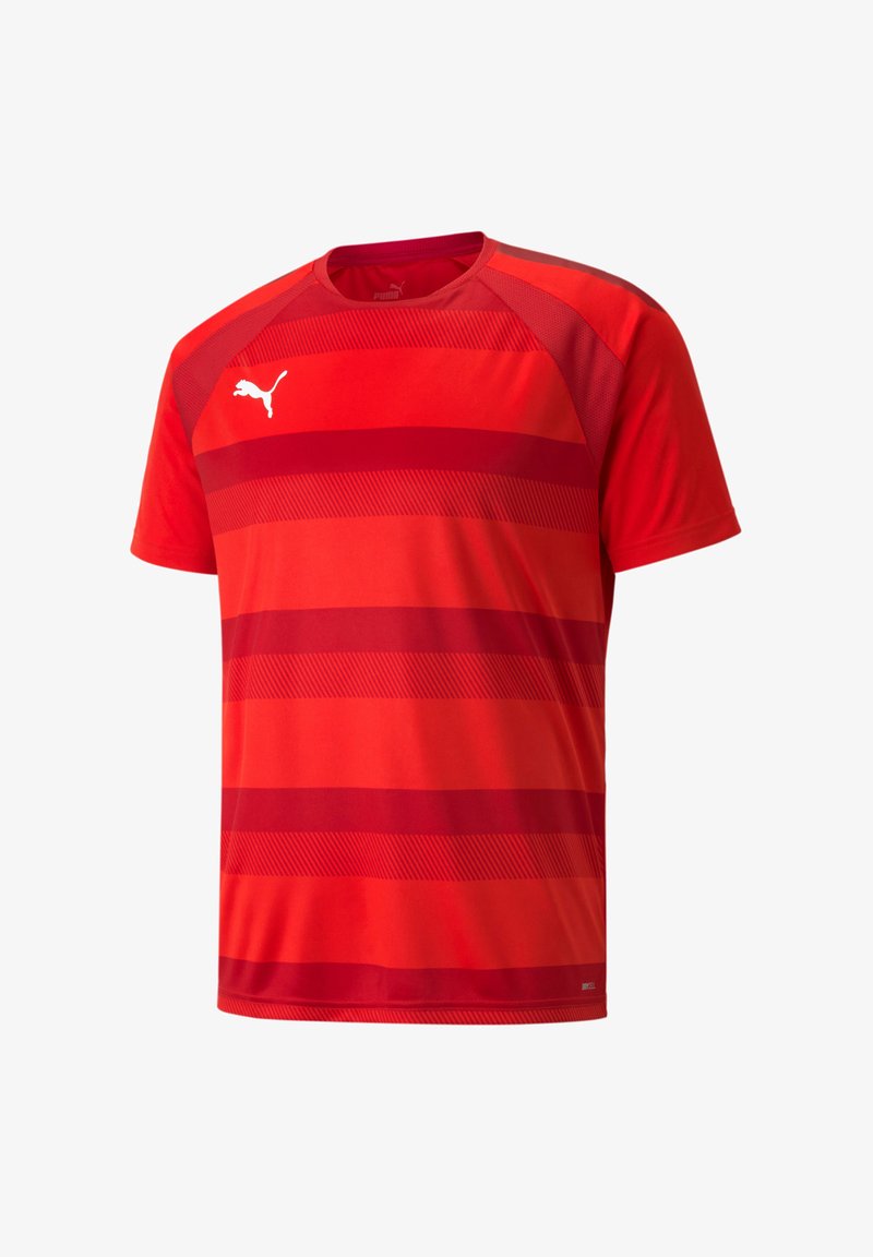 Rotes Sport-T-Shirt mit horizontalem Streifenmuster in verschiedenen Farbtönen. Hergestellt aus leichtem Stoff, mit Rundhalsausschnitt und kurzen Ärmeln.