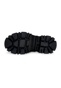Black rubber boot sole featuring a rugged tread pattern, thick grooves, and varying textures for enhanced traction and durability.