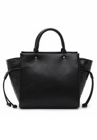 Svart håndveske med en strukturert design, som har glatt lær og teksturerte sider. Inkluderer dobbelthåndtak og dekorative detaljer i metall.