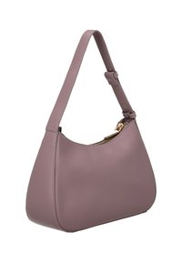 Læderhåndtaske i afdæmpet lilla, med en buet silhuet, justerbar rem og gulddetalje ved lynlåsen. Glat tekstur med få accenter.