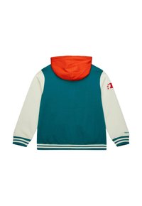 Kapuzensweatshirt mit einem türkisfarbenen Rücken, weißen Ärmeln und einer orangefarbenen Kapuze. Verfügt über gestreiftes Rippenbündchen am Saum und an den Ärmeln sowie einem Logodetail auf dem Ärmel.
