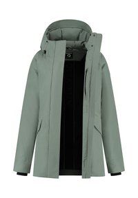 Lichtgroene gewatteerde winterjas met capuchon, een ritssluiting aan de voorkant, twee zijzakken en een zwarte voering die zichtbaar is door de open voorkant.