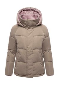 Veste matelassée en marron clair avec un col haut et une doublure intérieure rose. Présente des coutures en blocs et des poignets côtelés pour plus de chaleur.