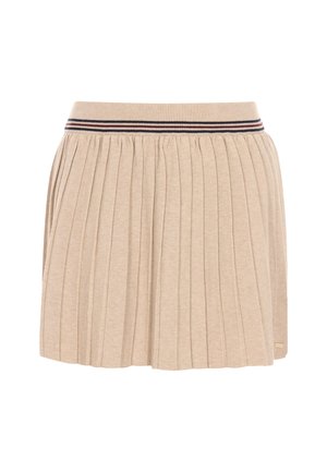 Beige pleidiräinen hame pehmestä kankaasta, jossa on ribbikuvioitu vyötärö, jossa ylhäällä on tummansinisiä, punaisia ja beigejä raitoja.