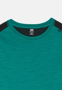 Teal and black Helly Hansen sports shirt with crew neck and visible HH logo on collar and shoulder tag.