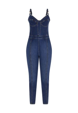 Džinsinis šokinėjimo kostiumas su prigludusia liemene ir plačiomis kelnėmis. Tamsiai mėlyna medžiaga, su vertikaliomis siūlėmis ir reguliuojamomis petnešomis su auksinės spalvos detalėmis.