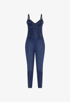 Džinsinis šokinėjimo kostiumas su prigludusia liemene ir plačiomis kelnėmis. Tamsiai mėlyna medžiaga, su vertikaliomis siūlėmis ir reguliuojamomis petnešomis su auksinės spalvos detalėmis.