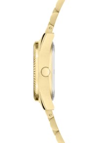 Gouden horloge met een strak ontwerp, ronde kast en gestructureerde bezel. Heeft een heldere glazen wijzerplaat en een gladde, gepolijste metalen band.