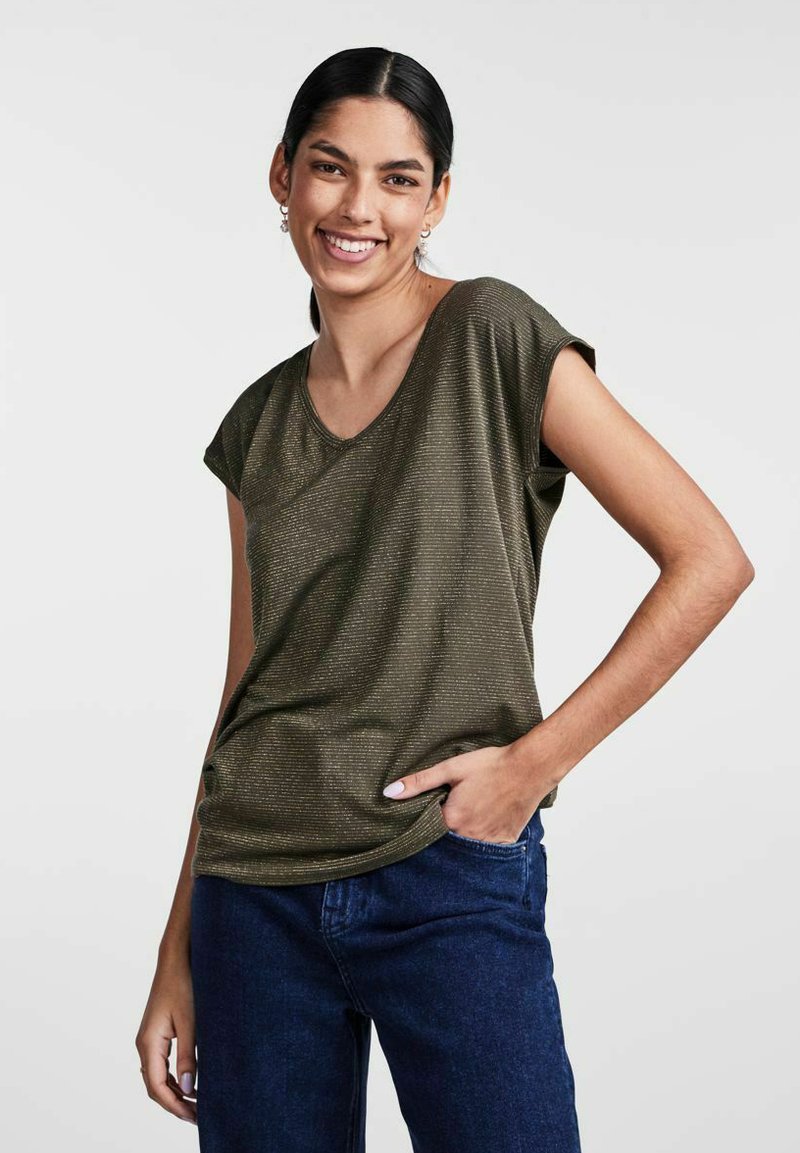 Olive green, short-sleeve top with a V-neck, made of textured fabric with subtle stripes. Paired with dark blue jeans.
