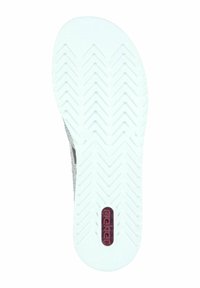 Lightweight shoe sole with a white rubber bottom featuring a zigzag traction pattern and a red logo label embedded on it.
