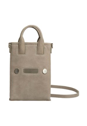 Petit sac à main en cuir taupe avec deux poignées, une bandoulière amovible et deux clous métalliques hexagonaux avec un détail rectangulaire texturé.