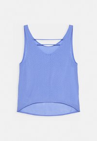Světle modrý dámský top bez rukávů s texturovaným síťovaným designem, výstřihem do V a detailním překřížením pásků na zádech. Zakulacený lem.