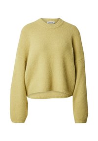 Geel gebreid sweater met een losse pasvorm, ronde halslijn en lange mouwen. Textuurstof met een iets cropped zoom en ribgebreide accenten.