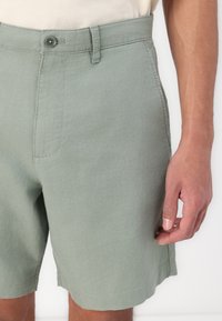 Shorts vert clair en tissu texturé, dotés d'une fermeture à bouton, de passants de ceinture et de poches latérales, avec des ourlets nets et un design décontracté.