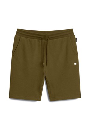 Olivgrüne Freizeithose mit elastischem Bund, Kordelzug, seitlichen Taschen und kleinem rechteckigem Logo am linken Oberschenkel.