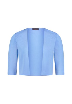 Lichtblauw openvallend kort vest met driekwart mouwen, gebreide stof en Vera Mont label binnenin de hals.