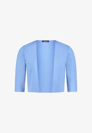 Cardigan court bleu clair ouvert à l'avant, manches trois-quarts, tissu tricoté, avec étiquette Vera Mont à l'intérieur de l'encolure.