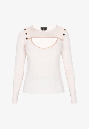 Langarm-Strickpullover in Hellpink mit dekorativen transparenten Netzeinsätzen und Spitze über der Brust. Mit Knopf-Akzenten an der Schulter.