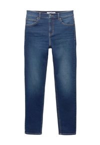 Jean en denim bleu foncé avec une coupe droite, cinq poches et des détails de coutures visibles sur toute la surface. Le tissu a une texture lisse.