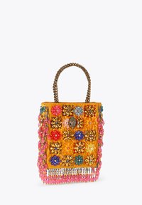 Gele draagtas met bloemrijke versieringen in verschillende kleuren. Voorzien van een gevlochten handvat en roze kralenfranje aan de onderkant.